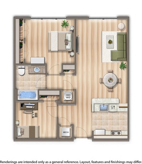 Floor plan for 1 bed, 2 baths, 840 sqft